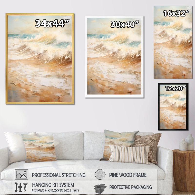 «Golden and Blue Beach Tranquility - Nautical & Beach», reproduction sur toile, Cadre simple noir, H 20 po x l 12 po x P 1 po
