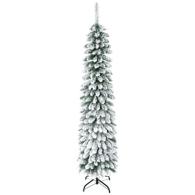 6' Tall Unlit Snow Flocked Artificial Christmas Tree, Slim Pencil Xmas Tree With Realistic Branches And 395 Tips, Green