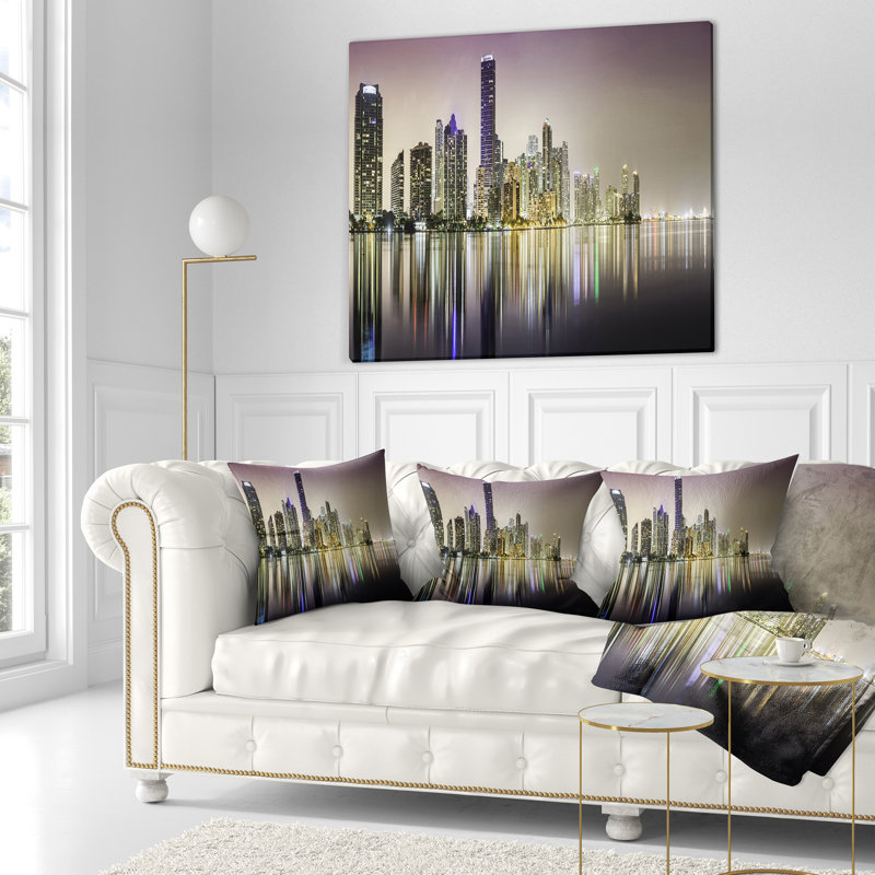 Miami Downtown Night Panorama - Coussin imprimé paysage urbain, 16 po x 1 po, Coussin décoratif