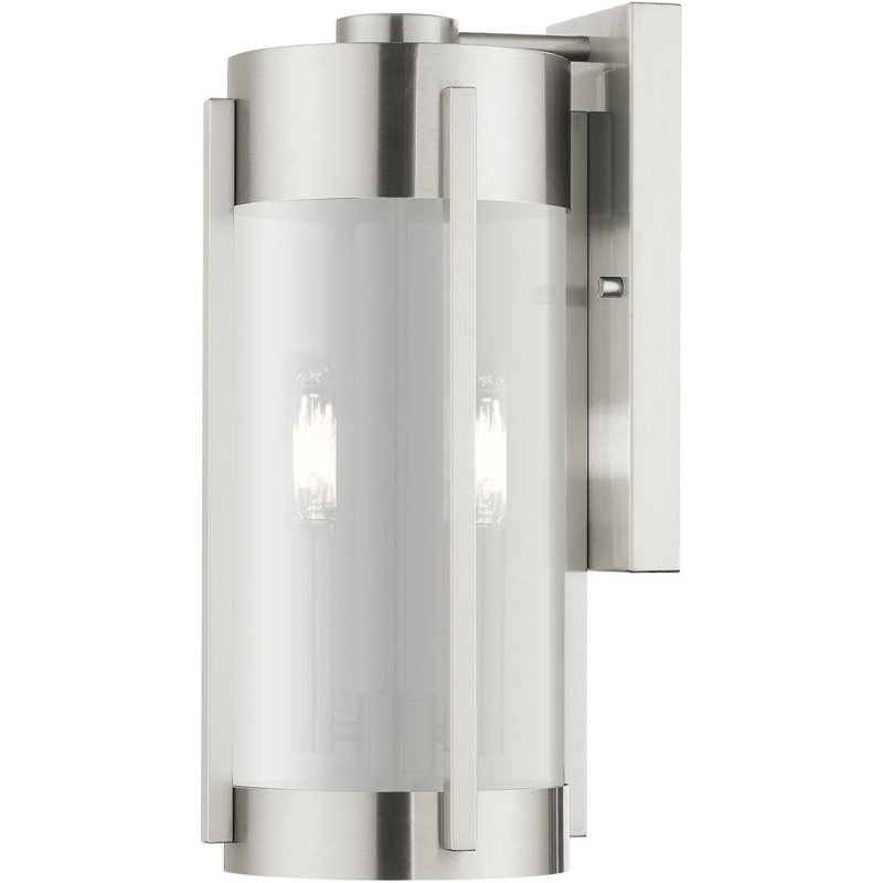 7.5in 2 Light Outdoor Wall Lantern Pendant, Electrical Plated Smoke Glass Shade, Brushed Nickel