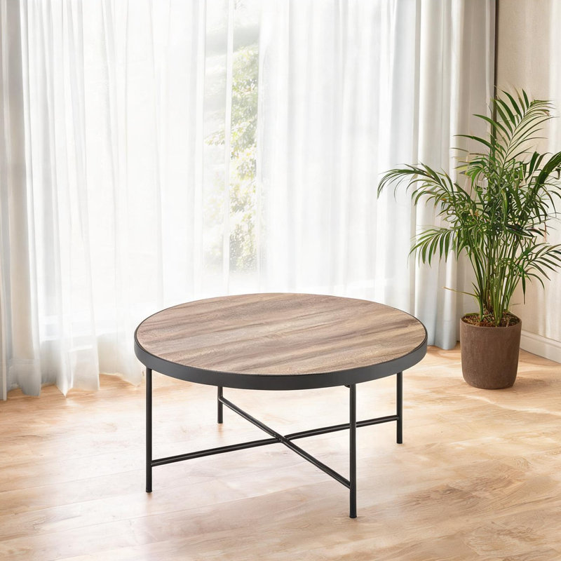 Table basse ronde avec plateau en chêne gris et base en métal, conception compacte de 32 pouces pour le salon
