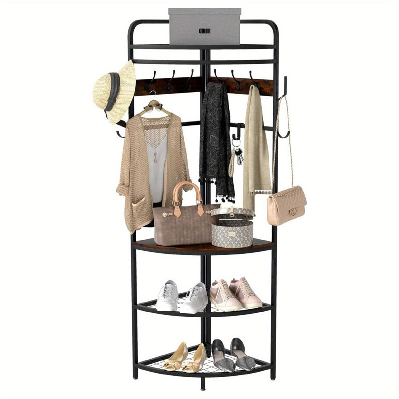Corner Hall Tree with Shoe Rack, 90° Entryway Coat Rack with 12 Hooks & Adjustable Shelves, Heavy-Duty Metal Frame, Space-Saving Hall Stand