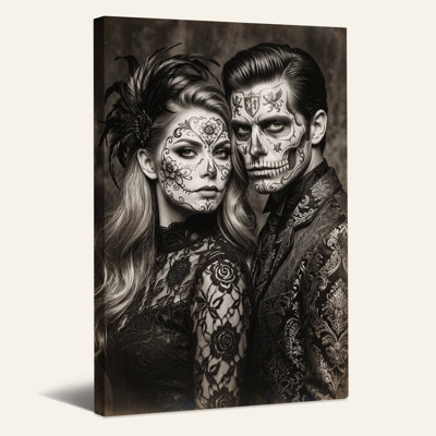 Couple with Day of the Dead Sugar Skull Makeup in Halloween Canvas Wall Art