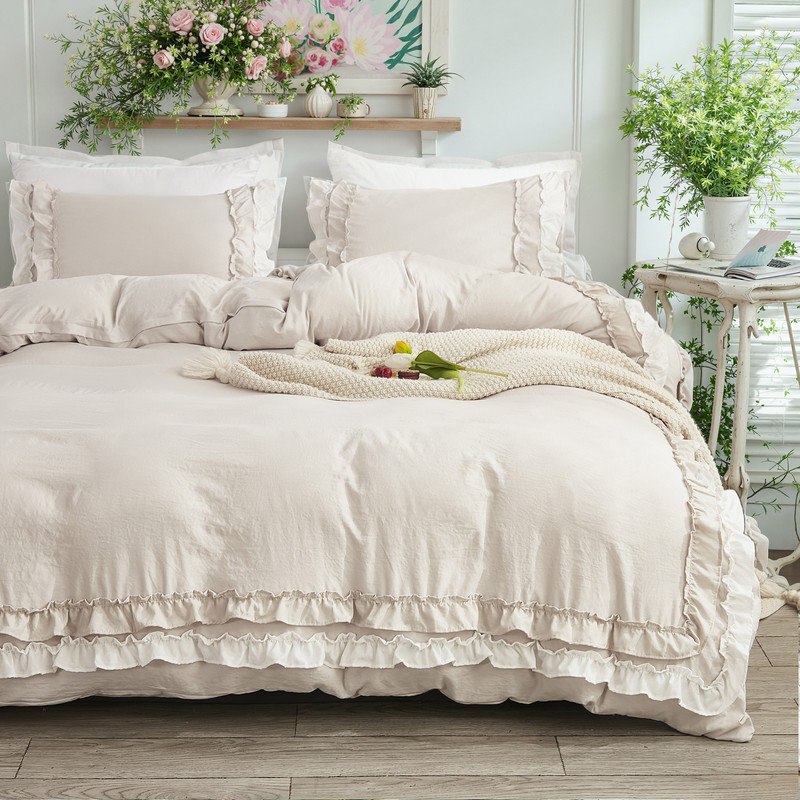 Ensemble d'édredon à volants beige très grand lit Boho, Beige / Blanc, Édredon très grand et 2 taies d'oreiller