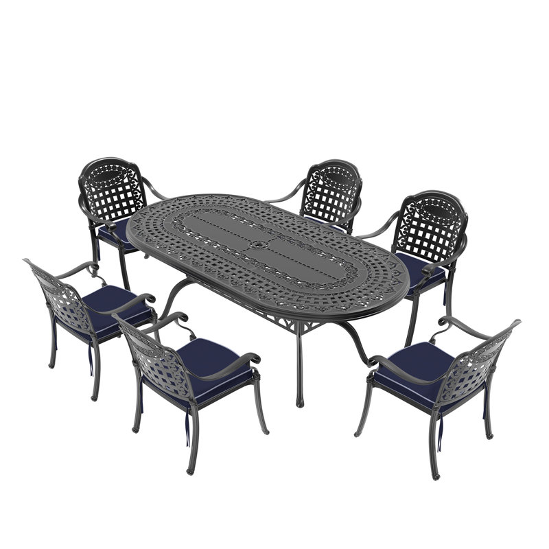 Ensemble de 7 pièces de mobilier de patio en aluminium coulé avec coussins bleus