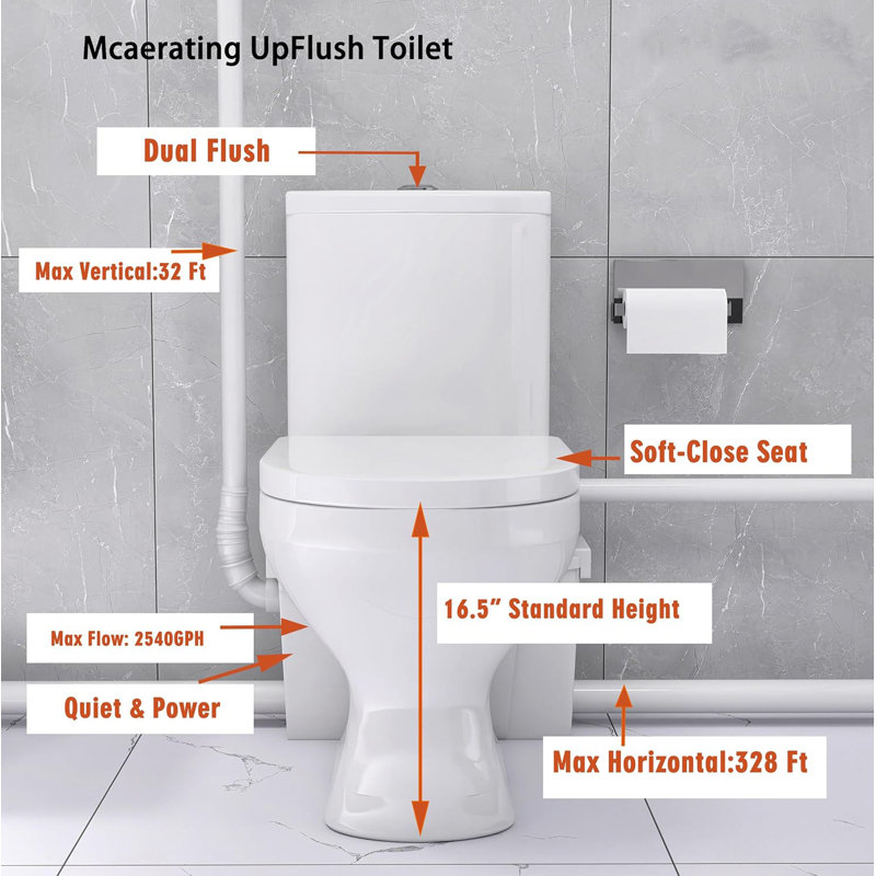 Yingze Macerating Toilet System With 700W Sewage Pump Dual Flush One Piece Modern Design For Basement Bathroom,4 Inlets,White
