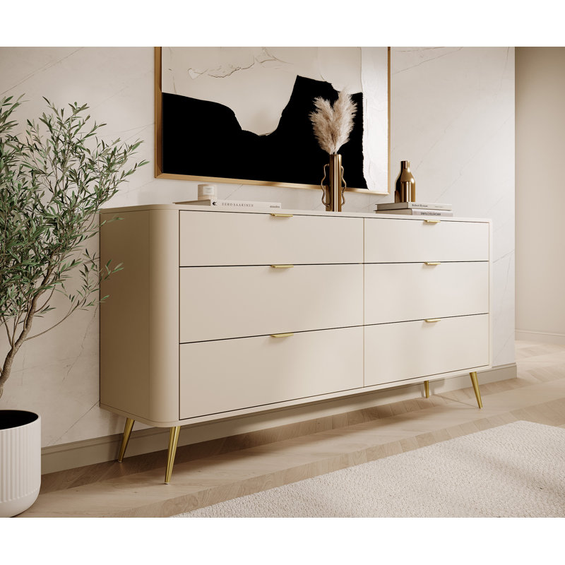 Oval Sideboard With Six Drawers Beige, 83.6cm H x 171.7cm W x 38cm D 