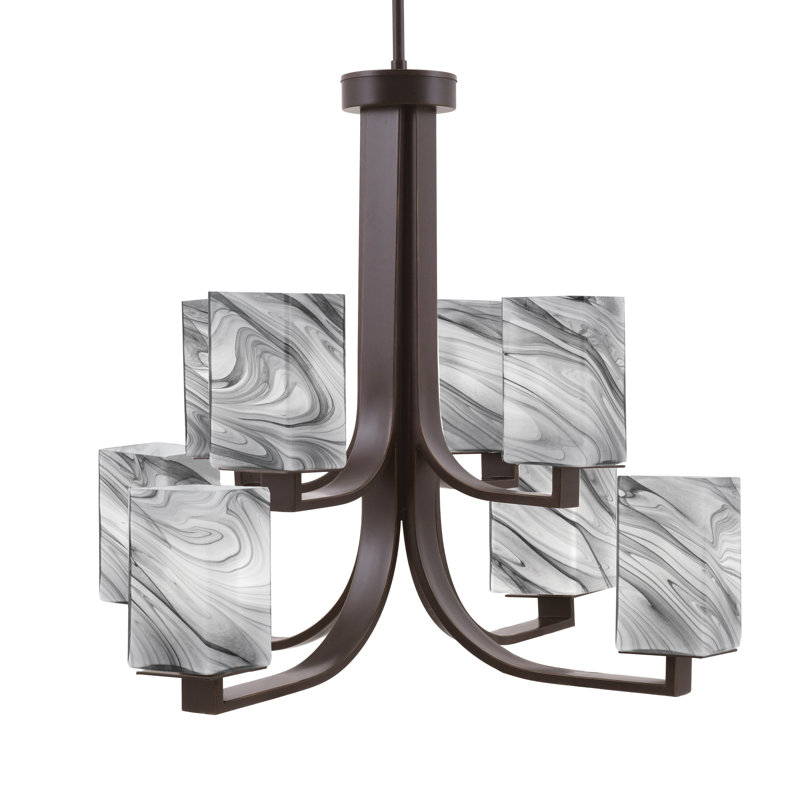 Lustre 8 lumières Apollo présenté en finition granit foncé avec verre tourbillon onyx carré de 3,5 po