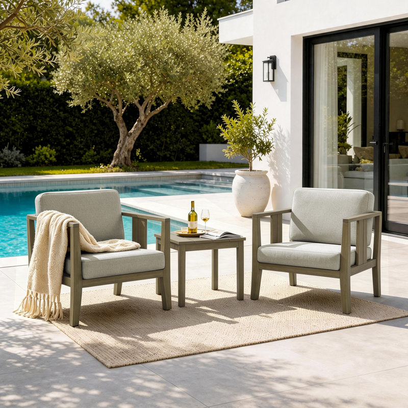 Junco Teak Outdoor Two-Person Patio Set With Cushions And Side Table, Brown, Light Camel
