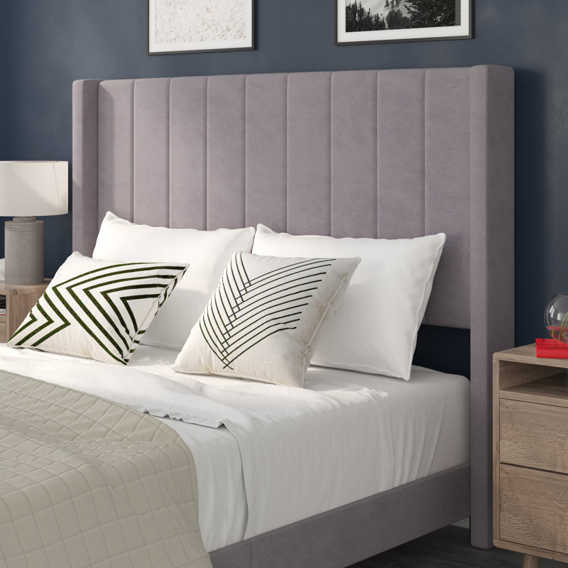 Gray Velvet Upholstered Queen Platform Bed with Headboard