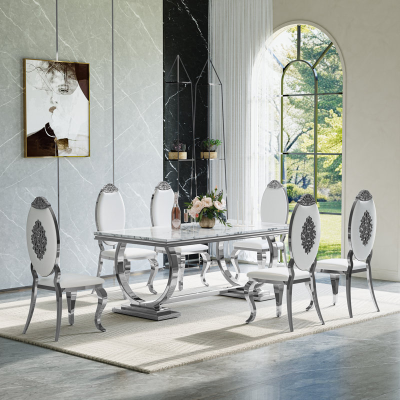  5 - Piece Dining Set, 5 Pieces: Table, 4 Chairs, White/White/Silver