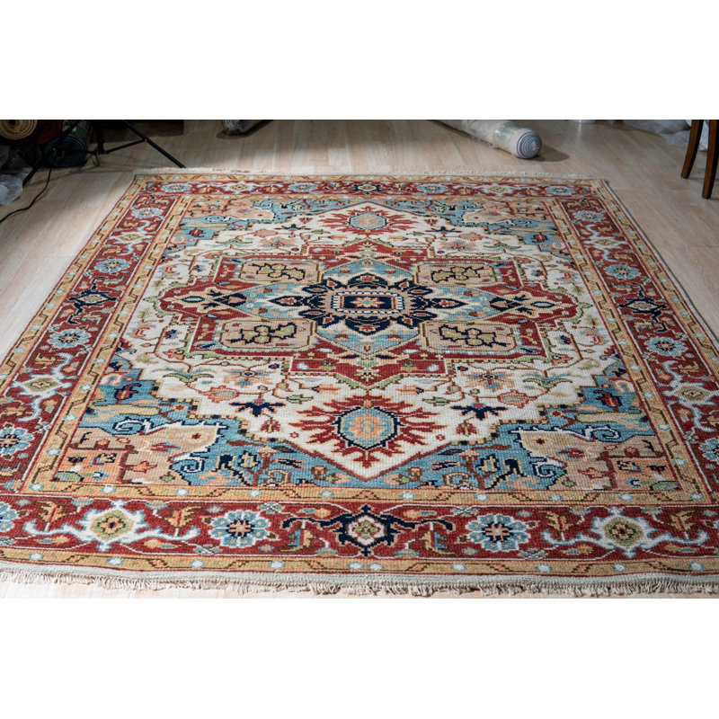 Ivory Hand-Knotted Wool Floral Border Medallion Classic Traditional Modern Contemporary Carpet Rug, 9' x 12'