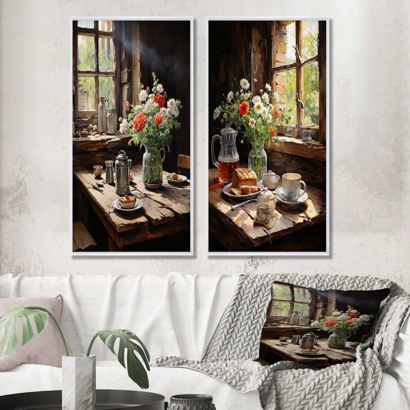 «Rustic Morning» - ensemble de 2 impressions sur toile déjeuner, H 32 po x l 33 po, Cadre flottant blanc