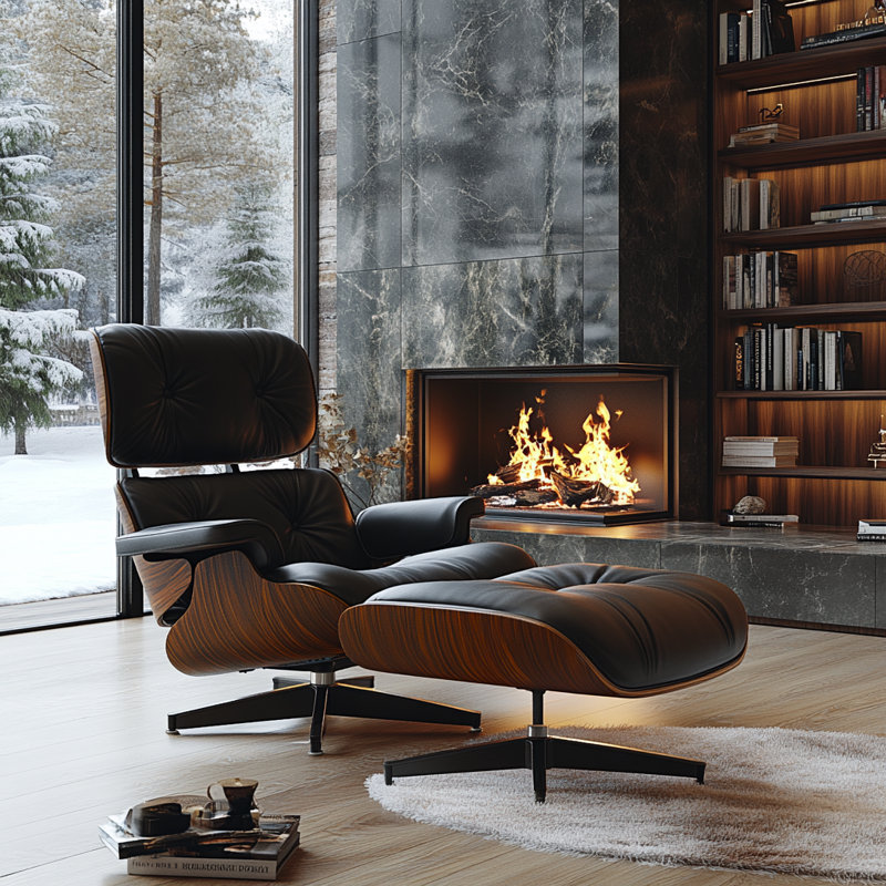 Mid Century Genuine Leather Recliner Lounge Chair With Ottoman Solid Wood  Frame Accent Chair Dark Walnut/Black Leather