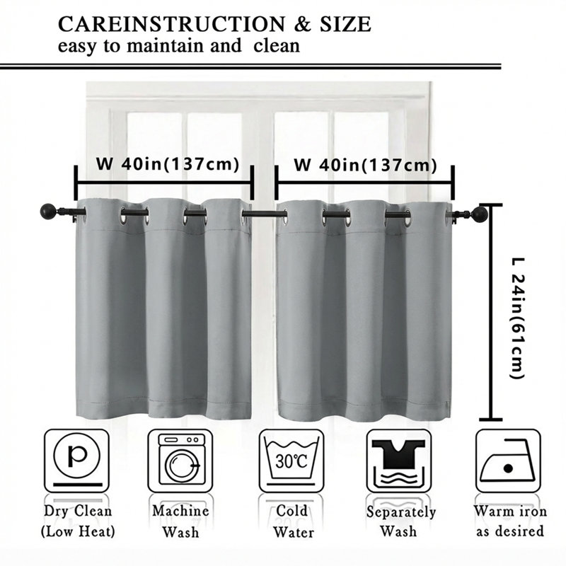 Rideaux courts gris argenté pour cuisine, 61 cm de longueur, 2 panneaux, rideaux occultants pour petites fenêtres, salle de bain, placard, sous-sol, VR, rideaux courts thermiques isolants, 102 x 61 cm