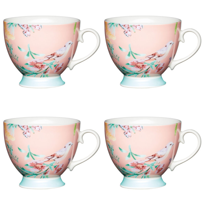 KitchenCraft Peach Birds Bone China Mugs Set, 4