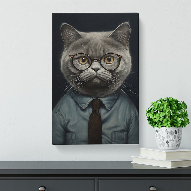 British Shorthair Cat with Glasses Painting - Wrapped Canvas, 60cm H x 40cm W x 3cm D