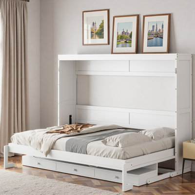 Grand lit escamotable mural avec rangement, armoire-lit pliable avec coiffeuse, miroir central et 2 tiroirs, blanc