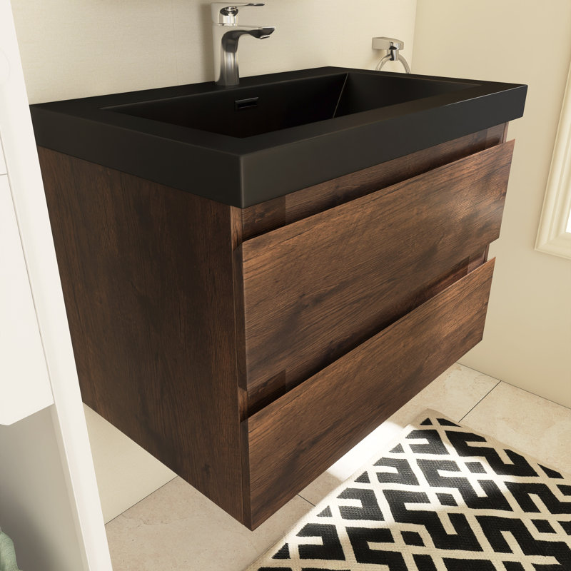Meuble-lavabo flottant 30 po Angela en chêne gris avec plateau en marbre de culture noir mat Angela, Palissandre