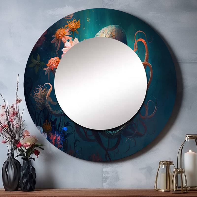 Ragad pieuvre dans l'océan avec fleurs III - miroir décoratif bord de mer, grand miroir mural rond moderne, impression d'art en métal