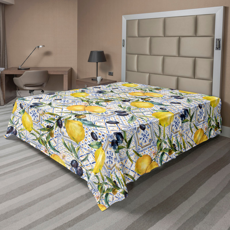 Drap plat Ambesonne Agrume de jardin olive exotique moutarde Indigo foncé blanc, Très grand californien