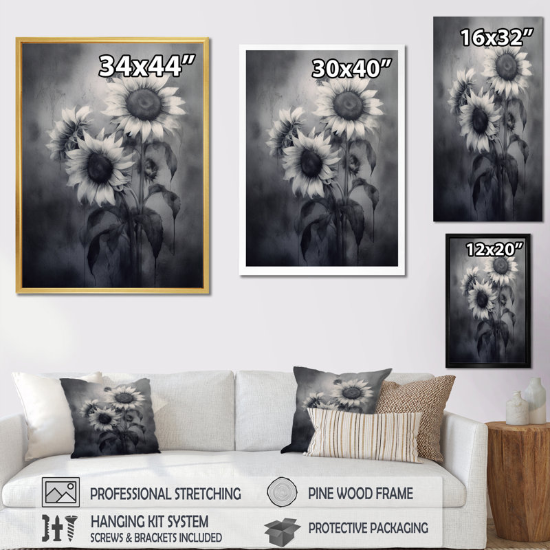 Noir, blanc, doré, art mural floral, Cadre simple noir, H 32 po x l 16 po x P 1 po