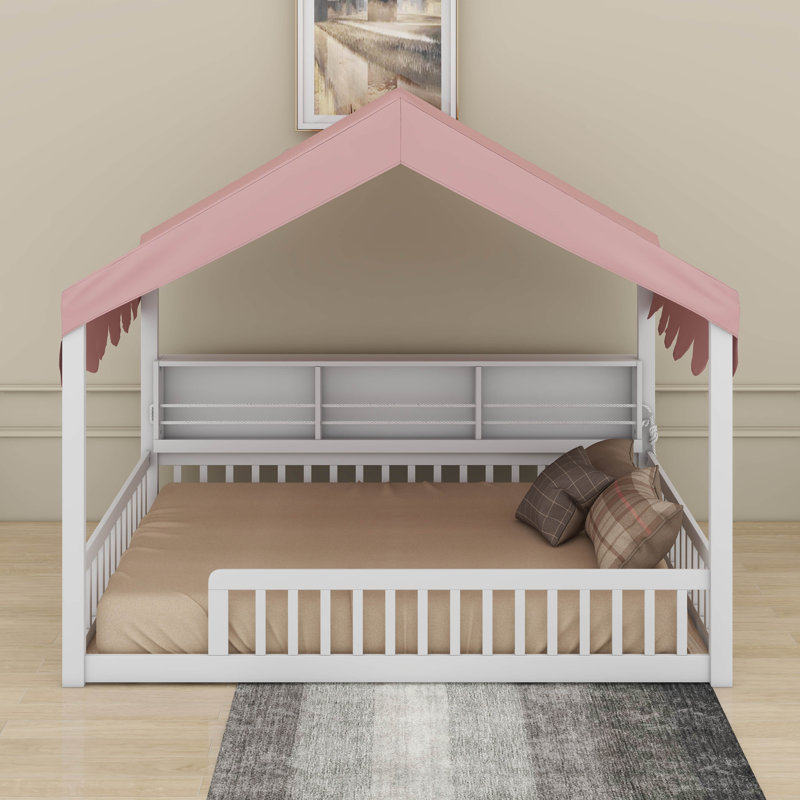 Full Size Wooden Floor Bed With Fense,3 Storage Bookshelves,Curtain And LED Light, White/Pink