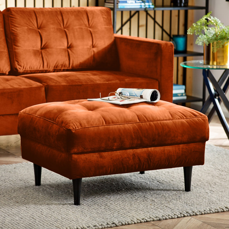 Jodi Velvet Footstool - Upholstered Modern Retro Fabric Stylish & Contemporary, Orange