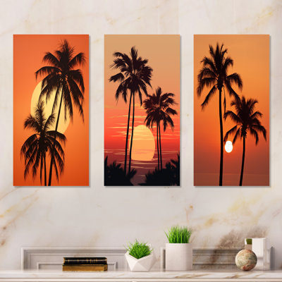 «Tangerine Twilight Palm Tree Sunset», ensemble de 3 palmiers et palmiers sur toile