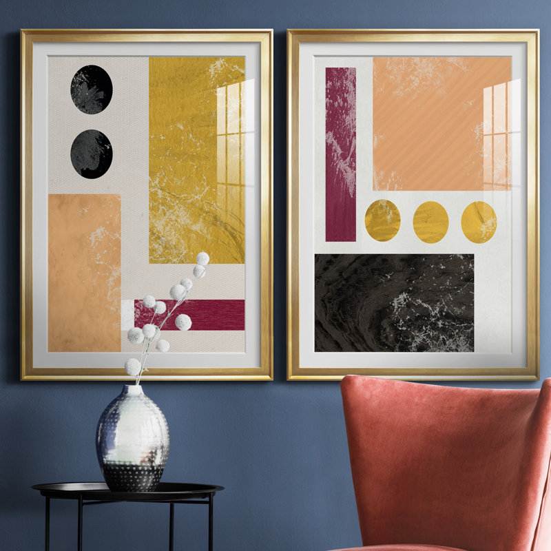 Essie Abstract I - Ensemble de 2 reproductions d'art, H 30,5 po x l 85 po x P 1,5 po, Papier encadré doré, Blanc