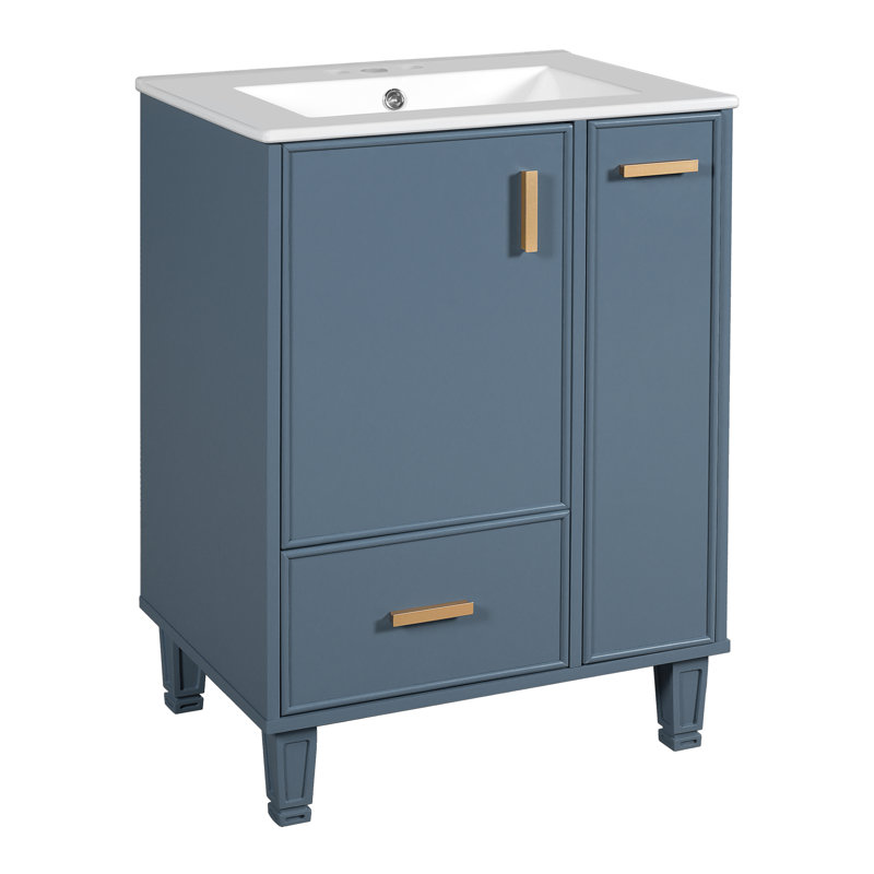 Meuble-lavabo 24 po avec lavabo, armoire de salle de bain avec tablette de porte, tiroir profond, panier coulissant à 2 niveaux