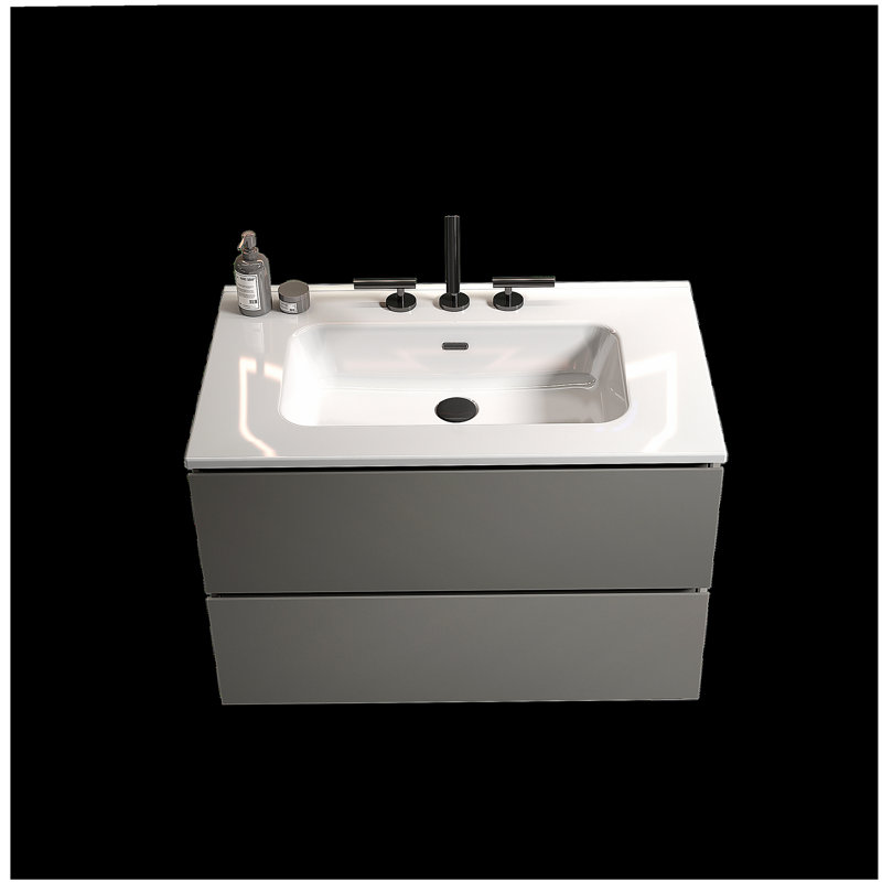 Coiffeuse murale en bois de noyer à trois trous avec lavabo en céramique, grande coiffeuse de rangement, salle de bain moderne, pré-assemblée