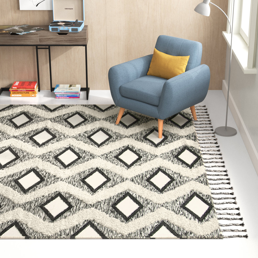 Alimatou Hand Knotted Wool/Cotton Geometric Rug in Beige/Black Union Rustic Rug 