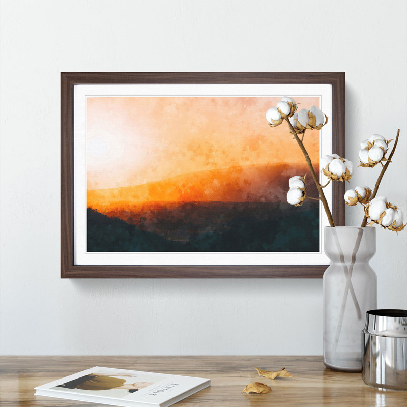 Sunset over the Hills and Mountains - Picture Frame Painting Print, Walnut Framed, 45cm H x 63cm W x 2cm D