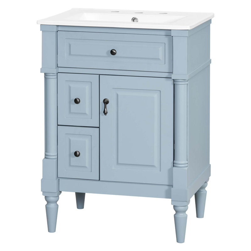 Armoire de salle de bain autoportante 24 po avec lavabo 24 po avec tiroir rabattable, tablette réglable, poignées en métal