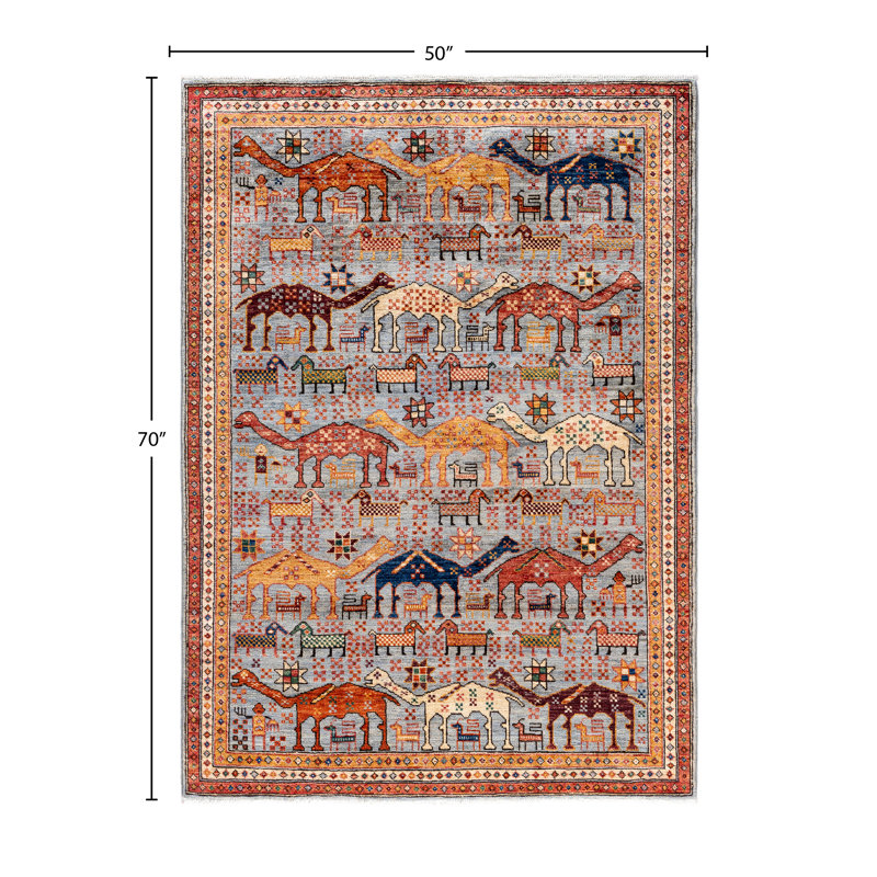 Tapis unique noué à la main gris Raffin de 4 pi 2 po x 5 pi 10 po Raffin
