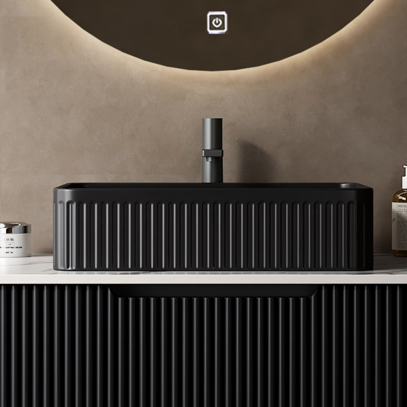 Lavabo de salle de bain rectangulaire en céramique noir mat à rayures 20 po sans robinet, style scandinave moderne, sans réservoir d'eau de haute qualité dans la salle de bain, l'armoire, l'accumulation