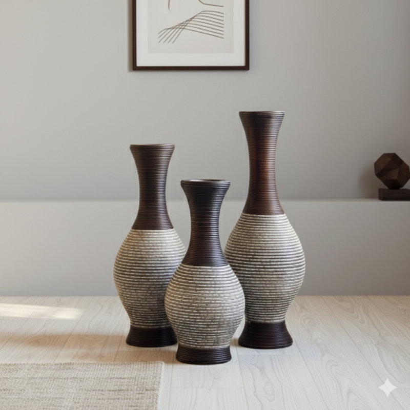 Un vase de bureau, servant également de vase décoratif brun. Il présente un design classique et soigné comme un grand support à fleurs indépendant. Ce présentoir de vigne artificielle est un vase de plancher en PVC, faisant partie d'un ensemble de 3 pièces pour la décoration intérieure.