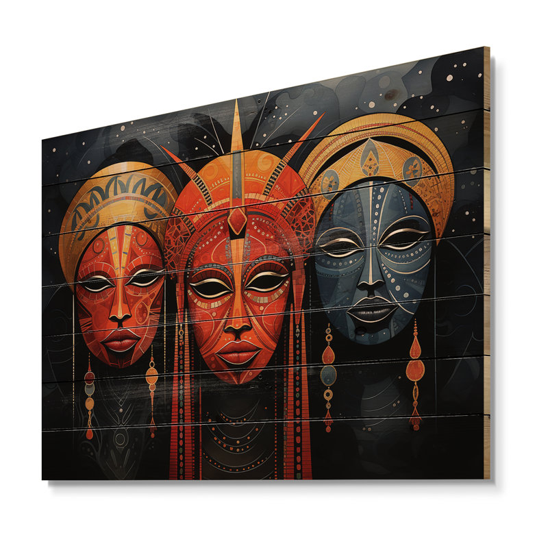 Masques rouges d'Afrique II sur bois, H 30 po x l 40 po x P 0,78 po