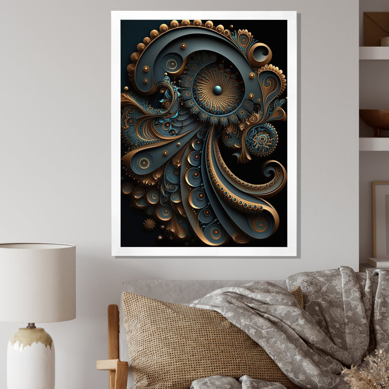 Fractal Universe in Retro Gold and Teal - reproduction sur toile, H 20 po x l 12 po x P 1 po, Cadre simple blanc