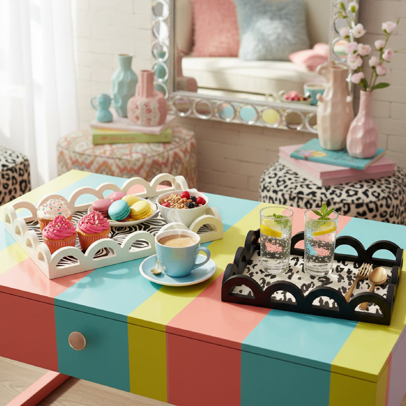 2-Piece Scalloped Rectangle Serving Tray Set, Leopard & Zebra Print Decorative Kitchen Dining Trays for Food, Drinks, Charcuterie, Party Hosting, Vanity & Desk Storage
