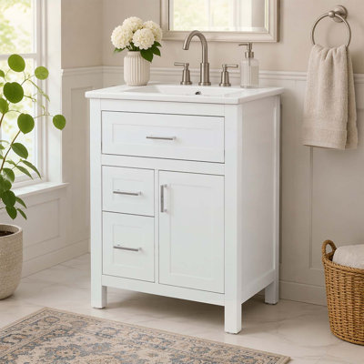 24 Inch Bathroom Vanity with Ceramic Sink, Solid Wood Frame, MDF Cabinet, and Multi-Functional Storage for Small Spaces