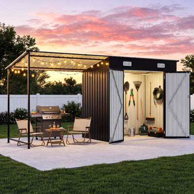 12 po x 4 pi Métal Lean to Shed avec Pergola à côtés ouverts, remise de jardin durable 2 en 1 avec porte verrouillable et évents pour patio, cour arrière, terrasse