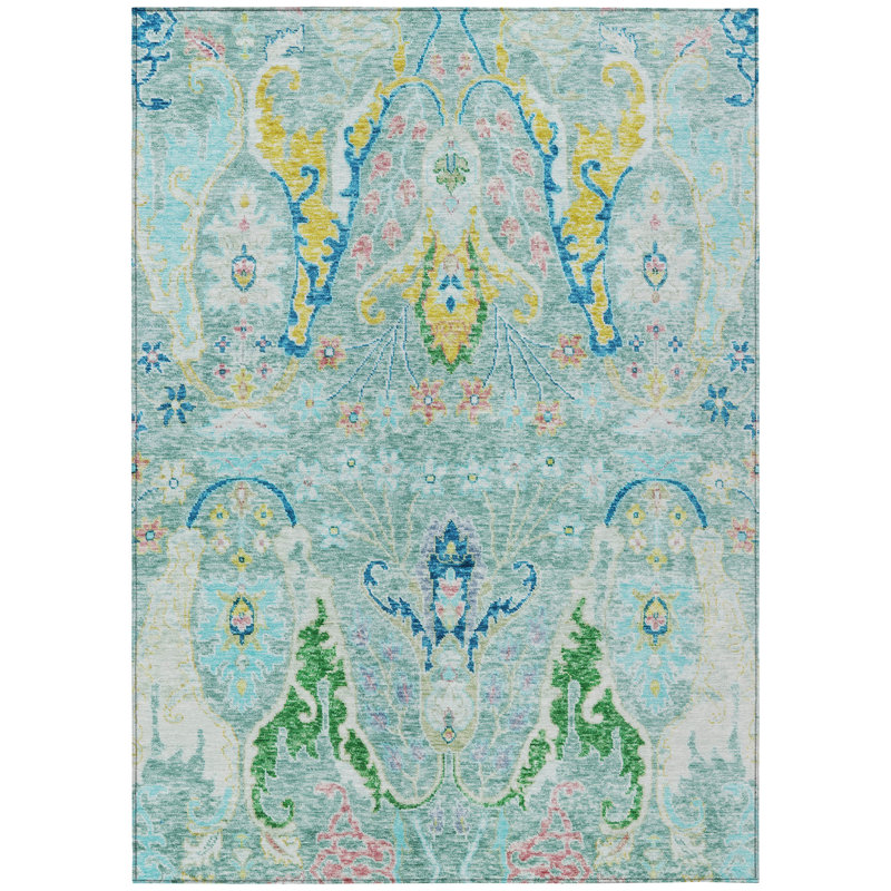 Machine Washable Indoor/Outdoor Xhevrie Teal Rug, Rectangle 8' x 10'