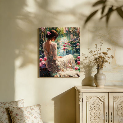 «Lotus Pond Lady», art mural encadré en bois à l'arrière, 36 x 24