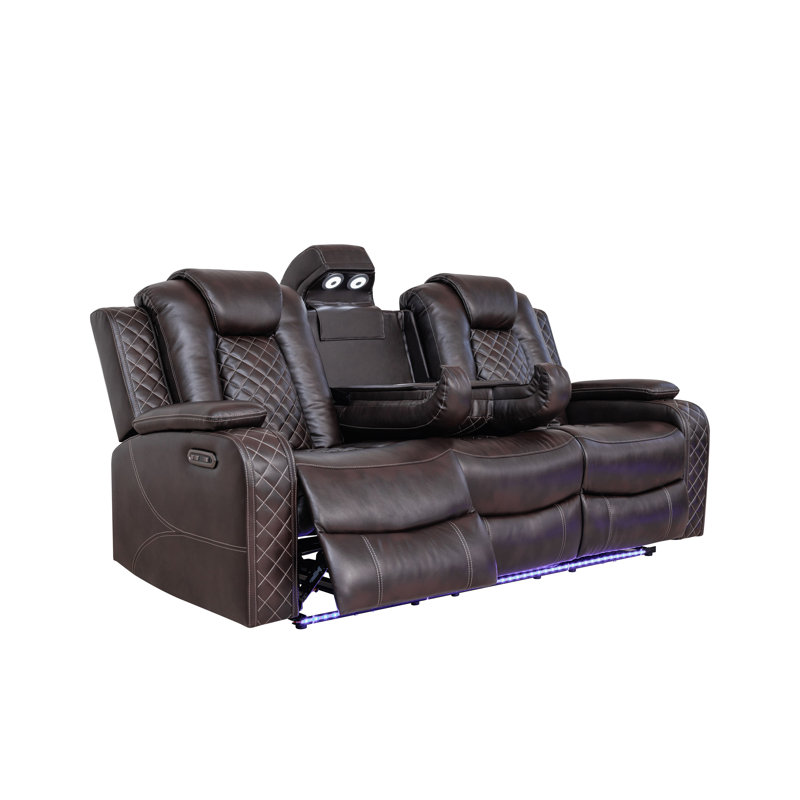 Codrina Reclining Sofa With Flip-Up Center Console, Wireless Charging Dock & Mood Lighting, Brown