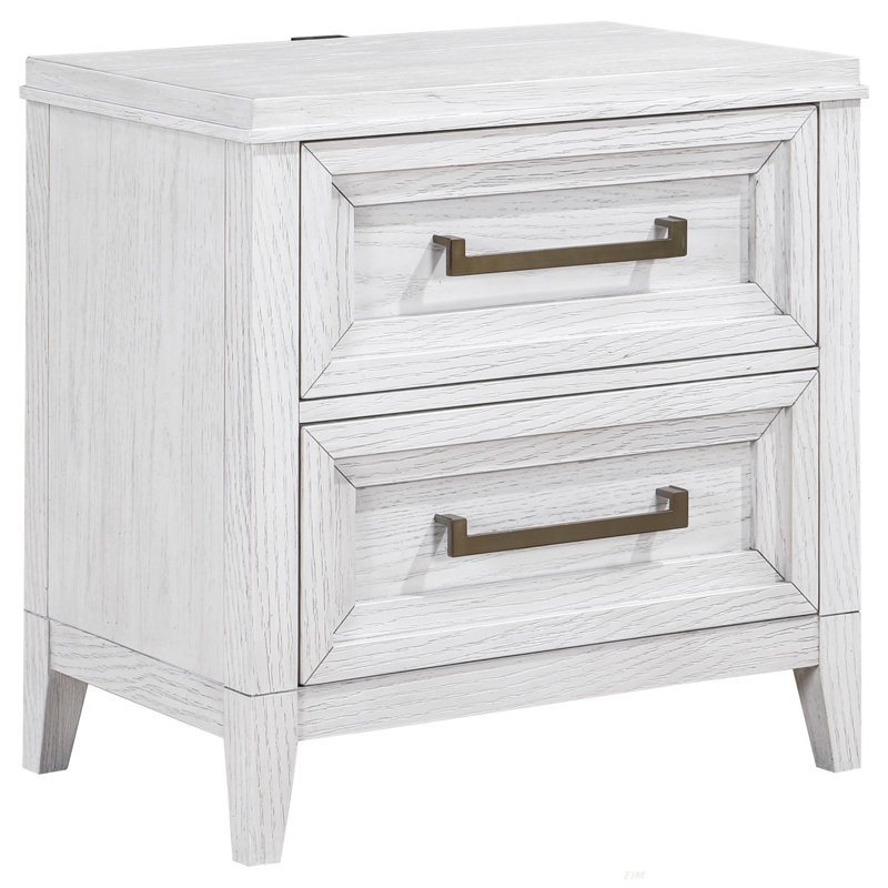 Table de chevet Leva, 28 pouces, bois d'acacia blanc vieilli, 2 tiroirs