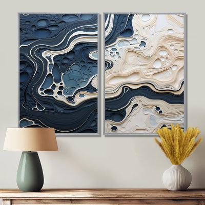 Peinture abstraite liquide crème et bleue - Art mural sur toile nautique