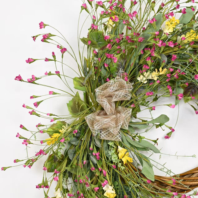 Couronne de porte de 26 po à motif de fleurs sauvages artificielles printemps et été, Vert/rose