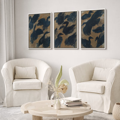 Dark Blue Silhouette Birds Triptych Framed Canvas Master Bedroom Wall Art Work 3 Pieces Print